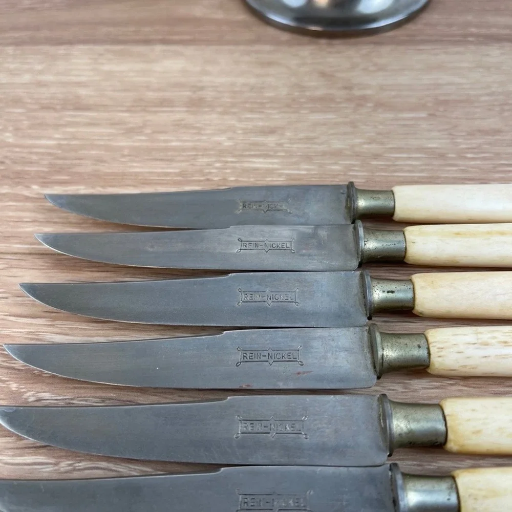 Vintage Rein-Nickel 6 Piece Steak Knife Set with Stainless Carousel Stand Bone